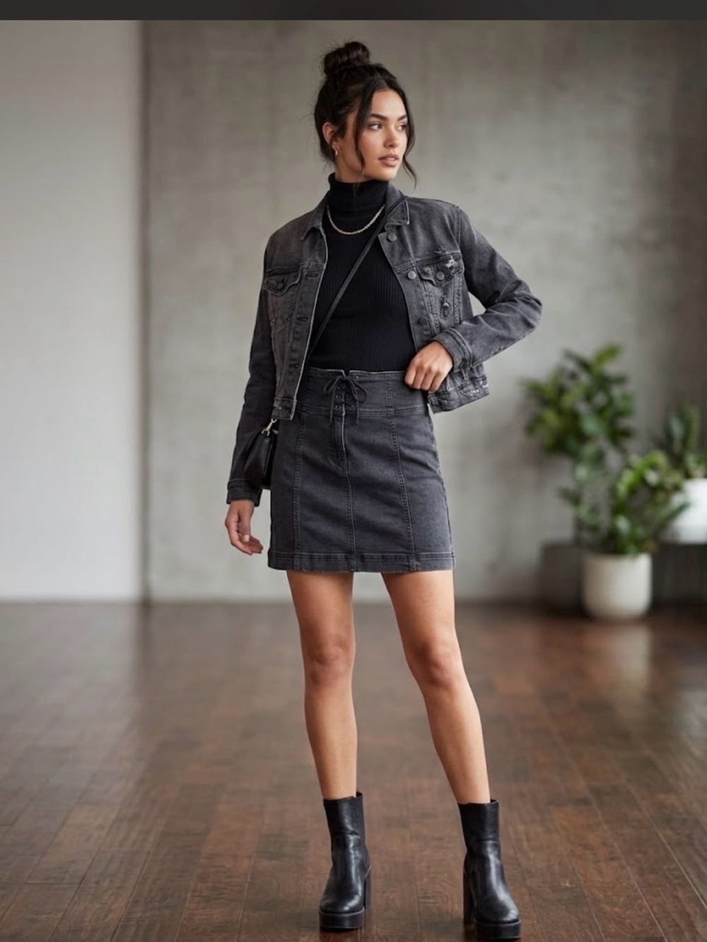 Free People Modern Femme Lace-up Denim Mini Skirt Black 8.